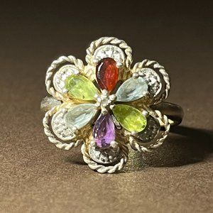 Sterling Silver Diamond, Peridot, Amethyst, Red Garnet, And Aquamarine Flower